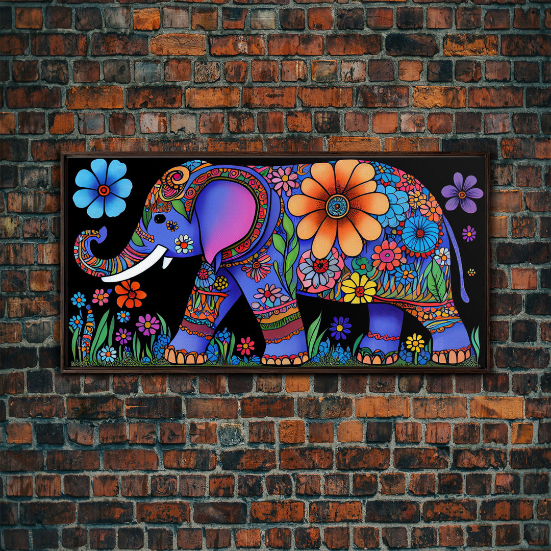 Elephant Art, Wall Art, Framed Canvas Print, Canvas Art, Indian Style Abstract Elephant With Flowers