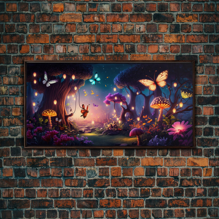 Vibrant Fantasy Forest Wall Art, The Forest Floor, Bioluminescent Glowing Butterflies, Gift, Framed Canvas Print