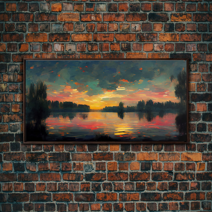 Lakehouse Canvas Print, watercolor painting of a sunset reflected on a lake