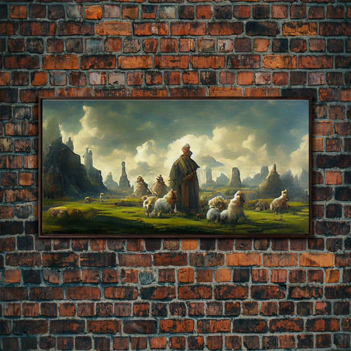 Shepherd and his flock, sheep painting, farmhouse art, watercolor canvas print, Giclee print