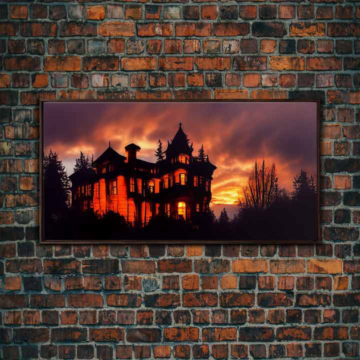 Spooky Halloween Wall Art, Haunted House Canvas Print, Ready to hang canvas, orange creepy house at night, Wall Decor