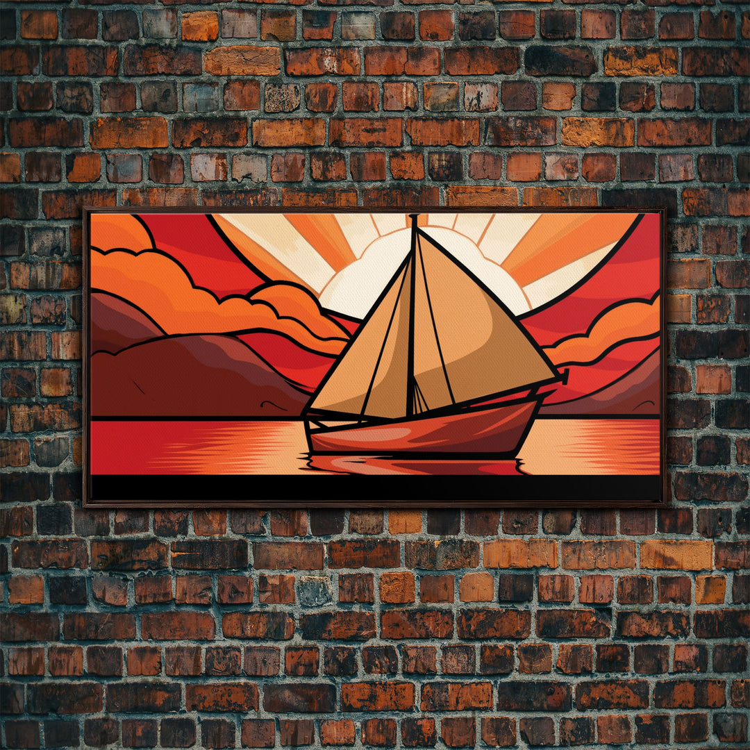 Abstract Seascape Wall Art, Stained Glass Wall Decor, Sailboat Wall Art, Panoramic Wall Decor, Canvas Print, Wall Art, Framed Canvas Art