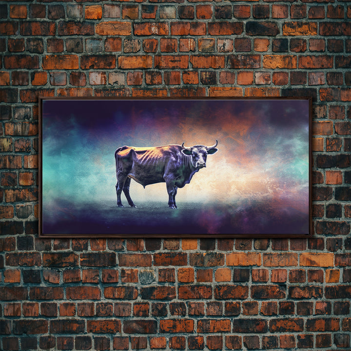 Bull Wall Art, Animal Wall Art, Nature Art, Minimalist Art, Panoramic Wall Decor, Canvas Print, Wall Art, Framed Canvas Art