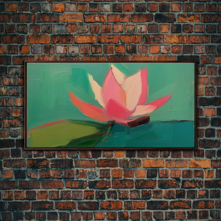 Pink Water Lily Wall Art, Pink Flower, Nature Wall Decor, Oil Painting, Panoramic Wall Decor, Canvas Print, Wall Art, Framed Canvas Art