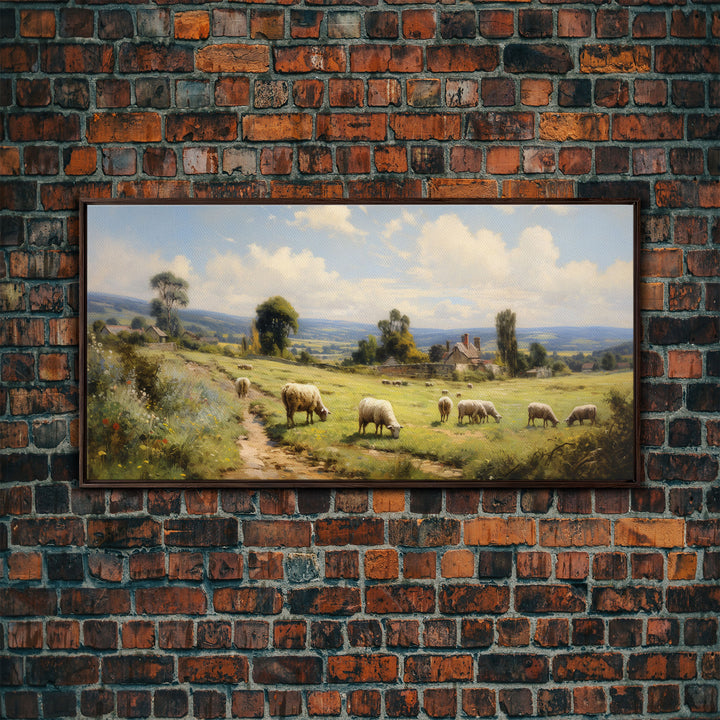 Countryside Painting, Sheep Wall Art, Farm Animals, Farm Art, Panoramic Art, Wall Art, Canvas Art, Landscape Art, Farmhouse Wall Art