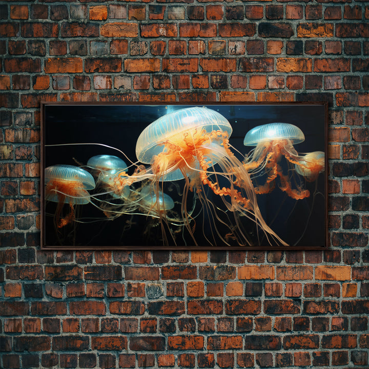 Jelly Fish  Art, Ocean Wall Art, Orange Jelly Fish, Panoramic Art, Wall Art, Canvas Art, Landscape Art, Gift For Boss, Teen Boy Room Decor