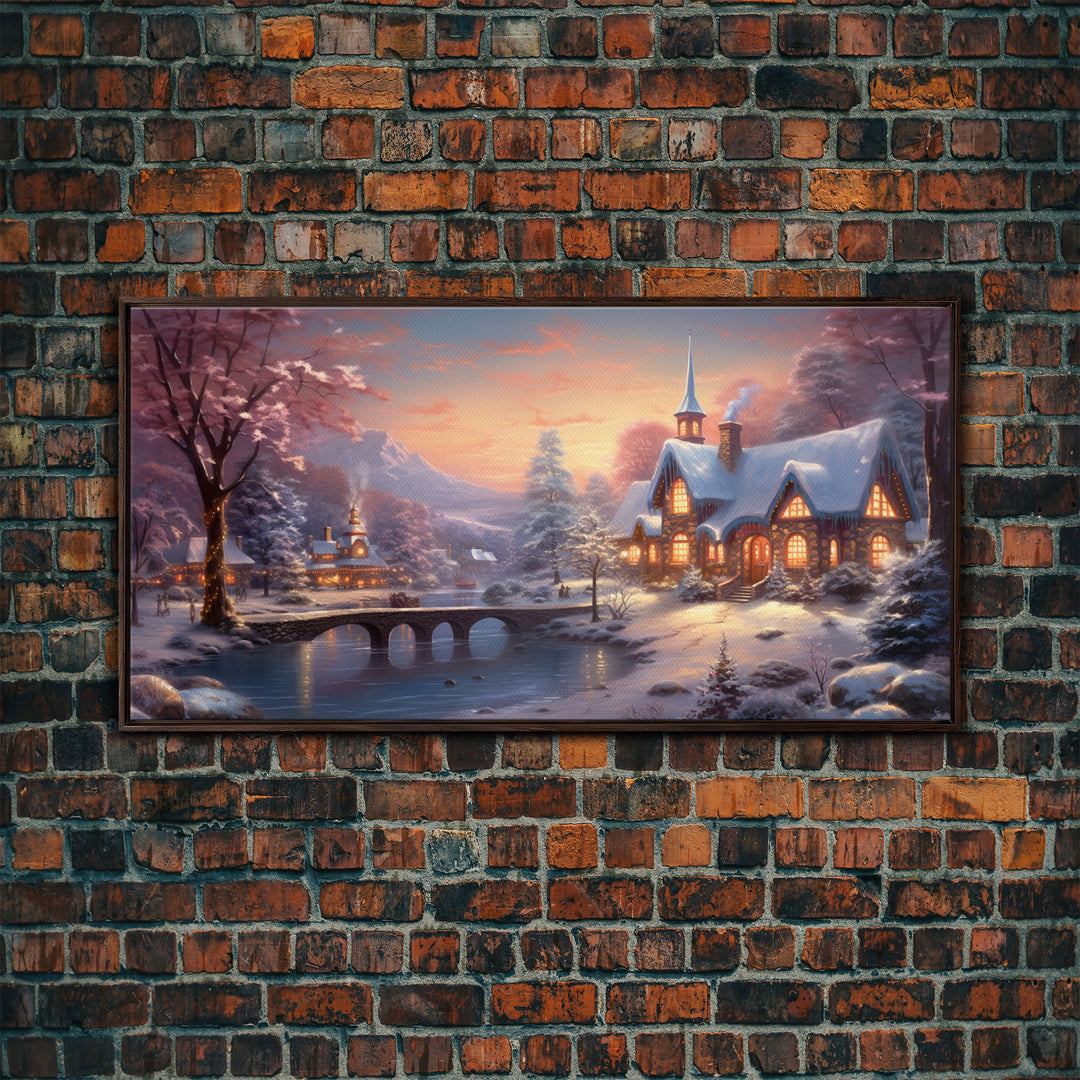 Winter Art, Framed Canvas Print, Cute Whimsical Victorian Village In Winter Painting, Home Decor, Contemporary Modern Art