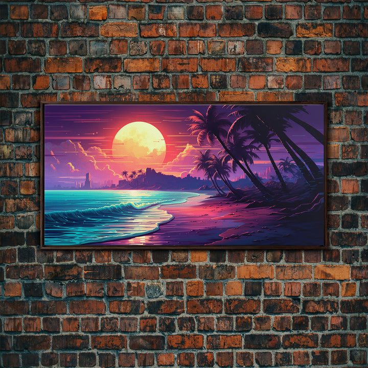 Outrun Vibes, Sunset Over The City and Beach, Palm Tree Decor, Game Room Art, Aesthetic Posters, Retro Art, 80s Vibes, 80s Art