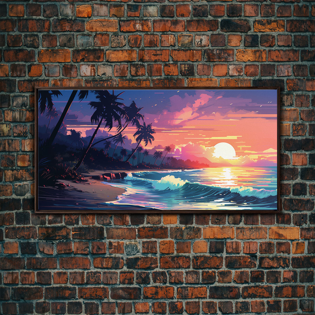 Outrun Vibes, Sunset Over The City and Beach, Palm Tree Decor, Game Room Art, Aesthetic Posters, Retro Art, 80s Vibes, 80s Art