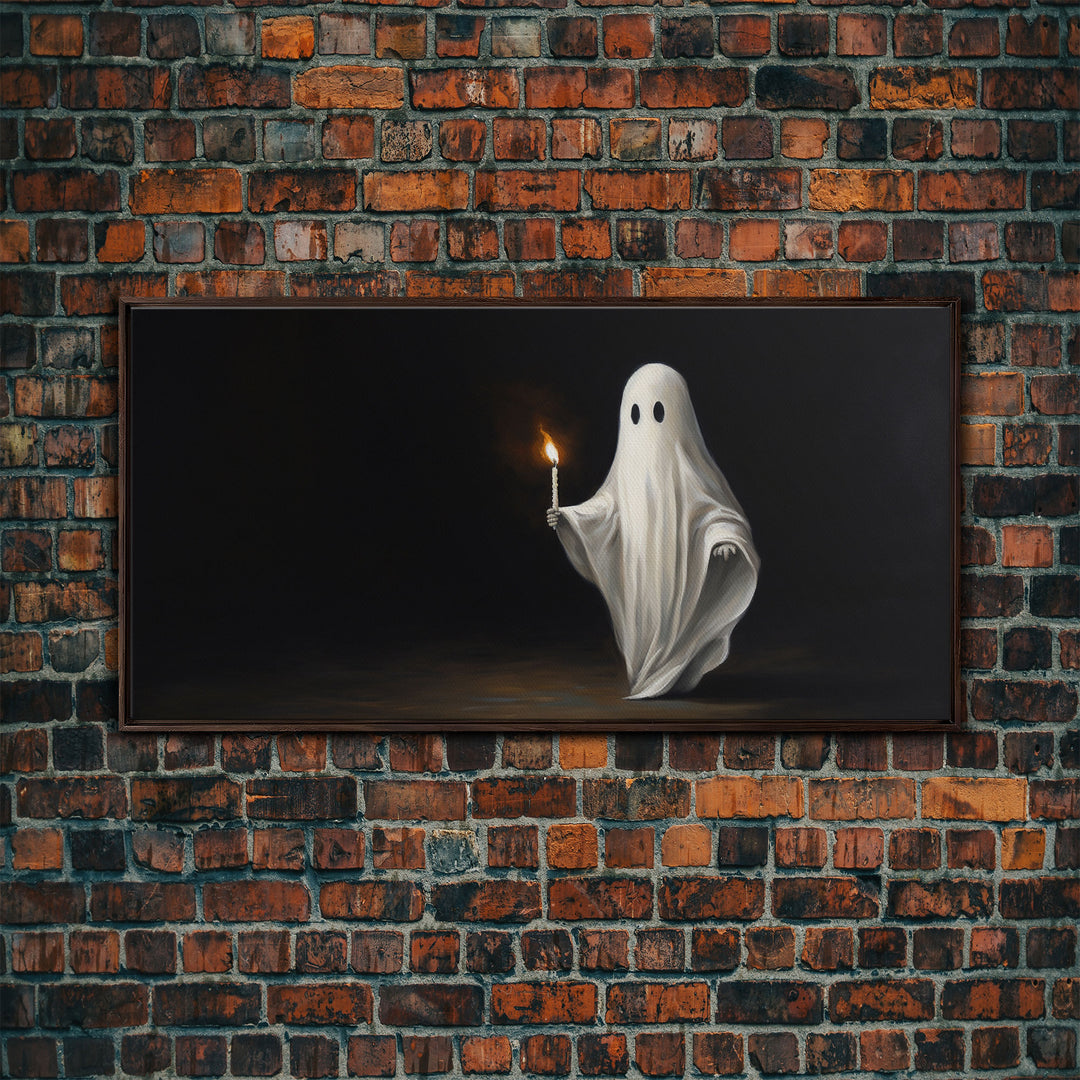 The Ghost With The Candle, Framed Canvas Print, Dark Academia Wall Art, Victorian Oil Painting Style Halloween Wall Art, Ghost Print