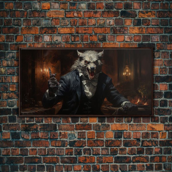 The Victorian Gentleman Werewolf, Halloween Art Print, Framed Canvas Art, Halloween Poster Print, Victorian Dark Academia Oil Painting