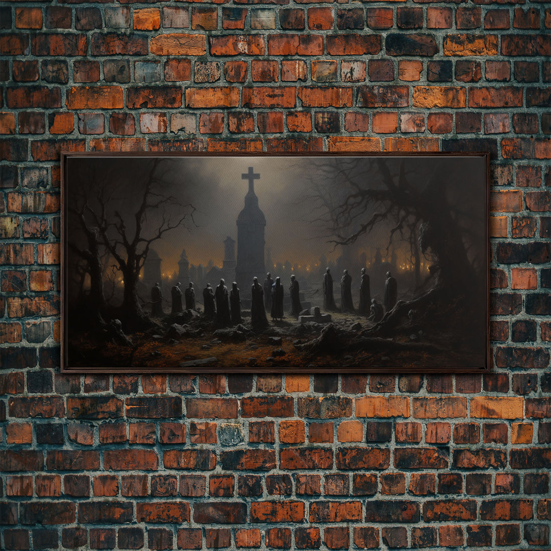 The Haunted Cemetery, Moody and Gloomy Art, Framed Canvas or Poster, Victorian Oil Painting, Dark Academia, Graveyard At Midnight