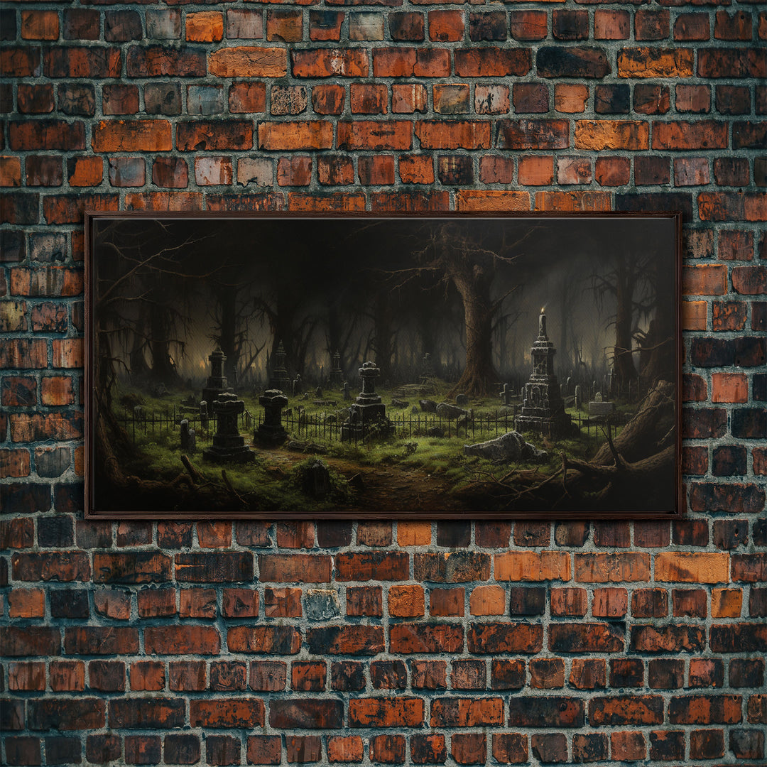 The Haunted Cemetery, Moody and Gloomy Art, Framed Canvas or Poster, Victorian Oil Painting, Dark Academia, Graveyard At Midnight