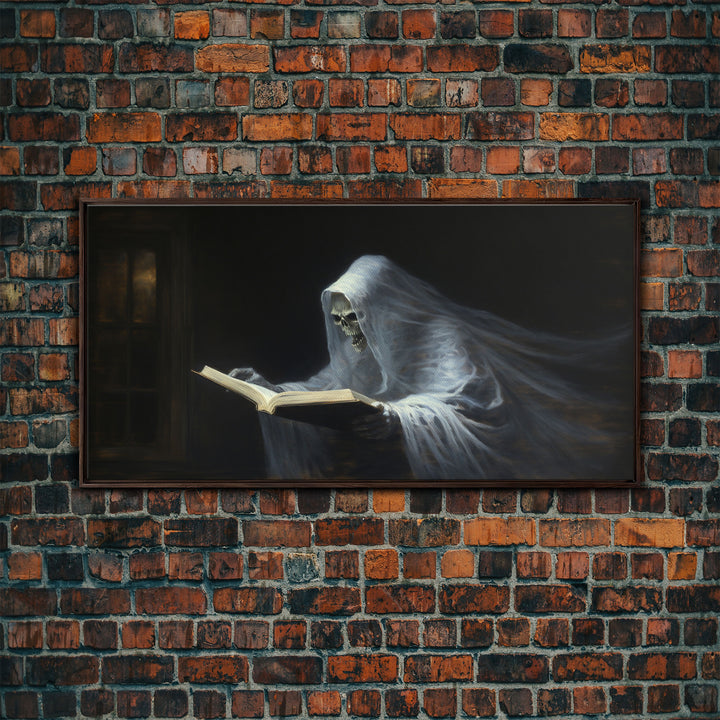 The Reading Ghost, Framed Canvas Print, Victorian Oil Painting Style, Spooky Halloween Decor, Goth Art