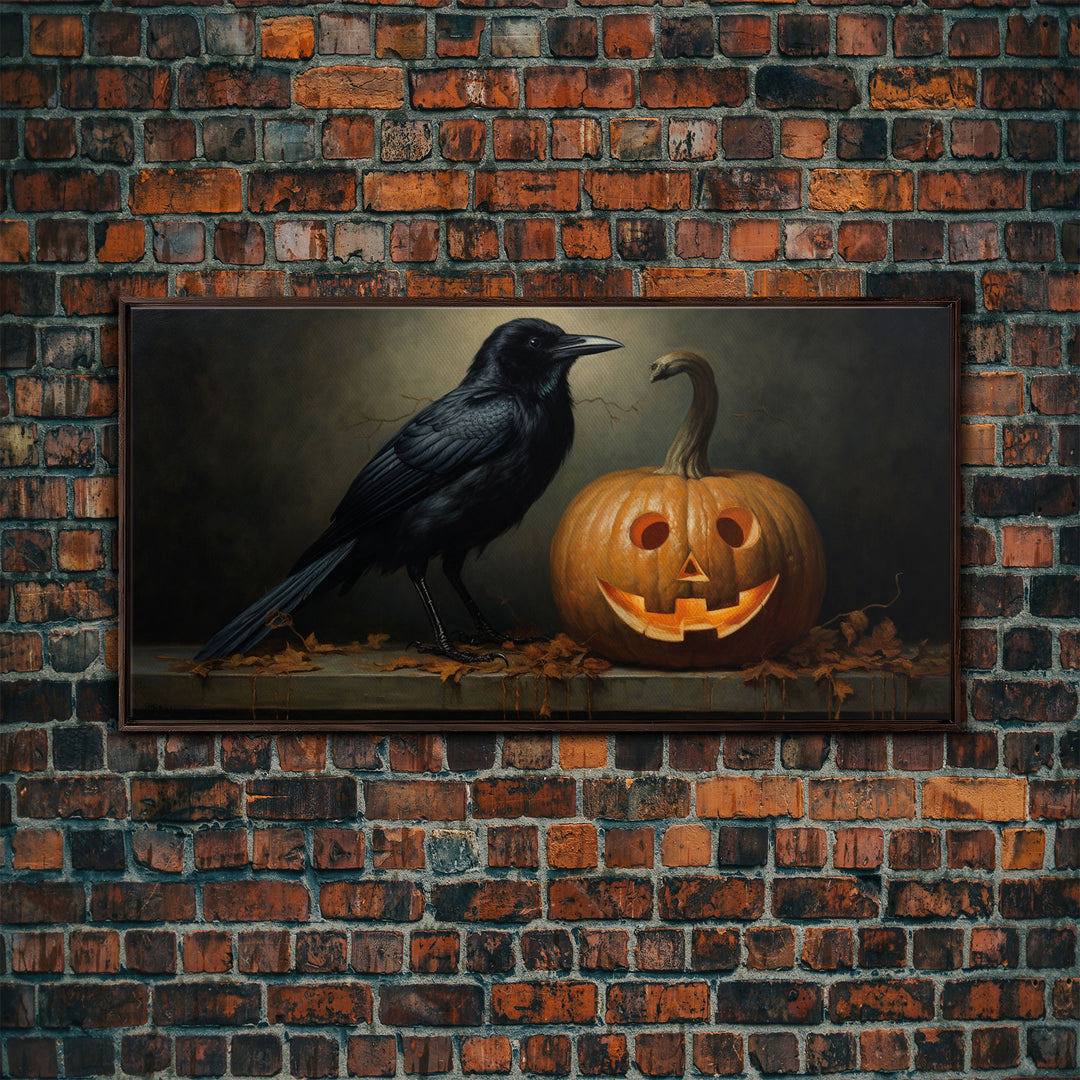 Halloween Decor, Spooky Crow Print, The Raven and The Jack O Lantern, Halloween Wall Art, Victorian Oil Painting, Dark Academia, Goth Art