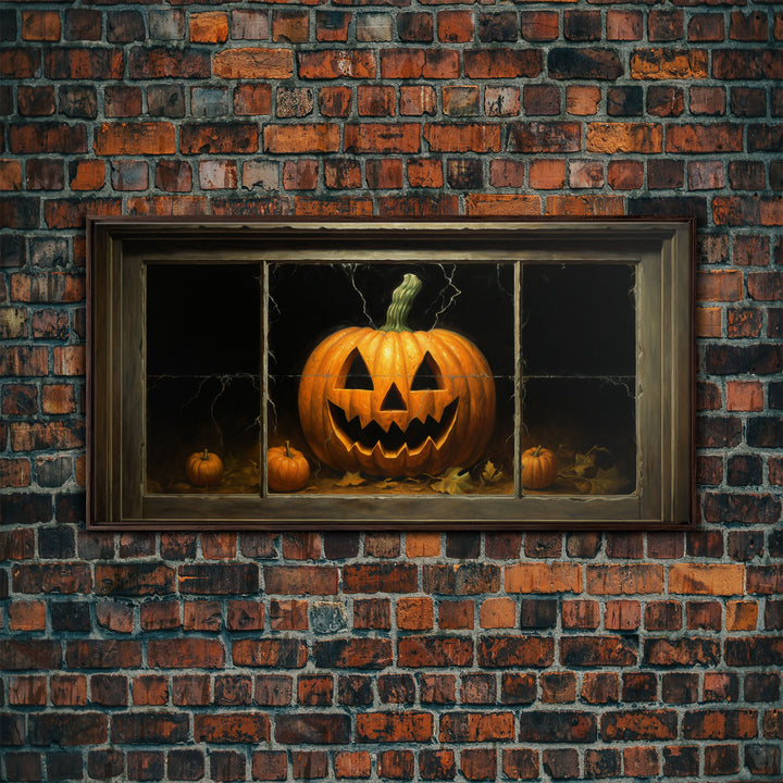 Jack O Lantern Art, Framed Canvas Print, Halloween Decor, Horror Prints, The Jack O Lantern In The Window