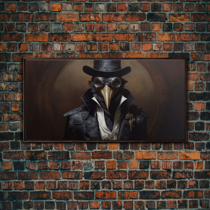 Steampunk Raven Plague Doctor, Dark Decor, Framed Canvas print, Halloween Art Prints, Spooky Victorian Oil Painting Print, Halloween Decor