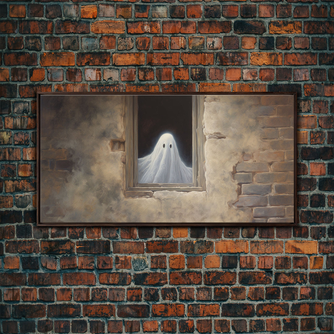 The Ghost In The Window, Funny Halloween Art, Ghost Print, Framed Canvas Art