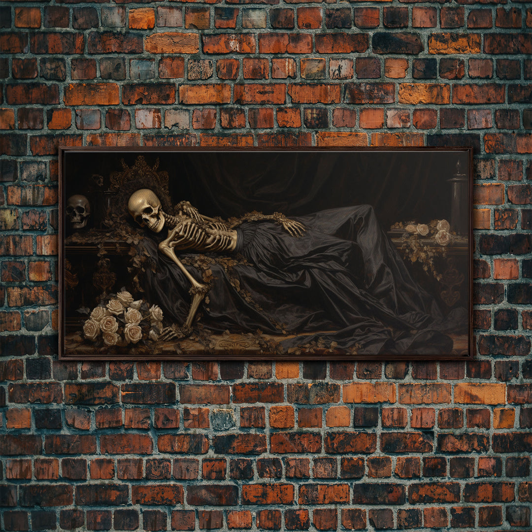 Eternal Slumber, Framed Canvas Print, Creepy Victorian Oil Painting, Halloween Art Prints, The Sleeping Skeleton Painting