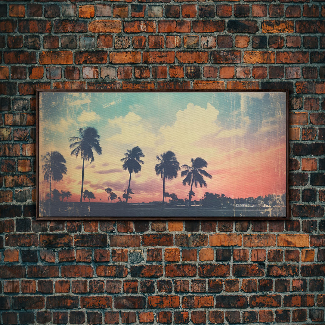 Distressed Old Photo Of Miami Beaches In the 1980s - Framed Canvas Print - Photography Print - Vaporwave Aesthetic Wall Art