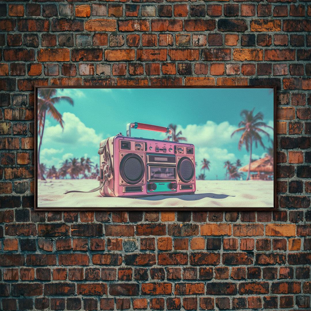 Vaporwave Boombox On The Beach Wall Art, Framed Canvas Print, 1980s Inspired Home Decor, Retro Art, 80s Decor, Aesthetic Decor