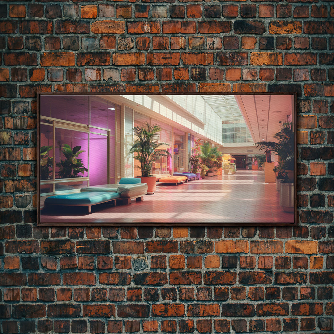 The Mall Before Opening On A Saturday Morning, Framed Canvas Print, Retro Vaporwave Aesthetic 1980s Vibes Wall Art