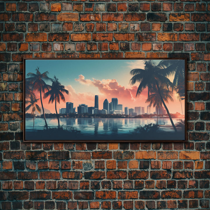 Miami Skyline At Sunrise, Framed Canvas Print, Vaporwave Aesthetic Wall Art, Framed Canvas Art, 1980s Art, Retro Decor