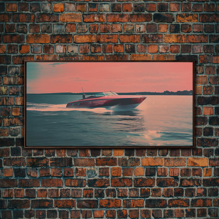 Vaporwave Pink Speed Boat Decor, Nautical Framed Canvas Print, Eclectic Retro Wall Art, 1980s Vibes Decor, Vintage Photography, Liminal Art