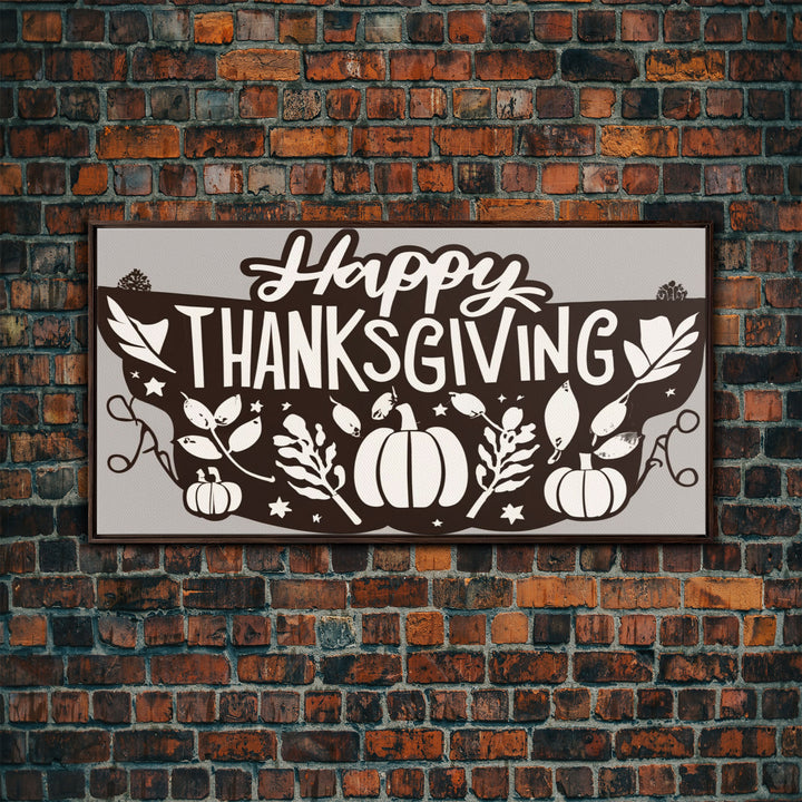 Happy Thanksgiving! Modern Farmhouse Wall Decor, Dining Room Wall Sign Kitchen Decor Large Framed Canvas Print, Fall Wall Art, Thankful