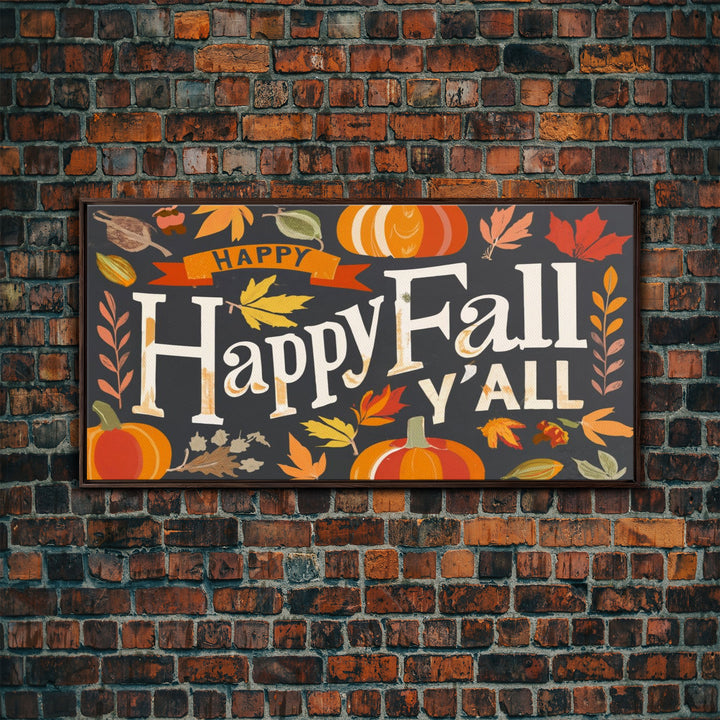 Happy Fall Y'all Typography Wall Art - Framed Canvas Print - Rustic Fall Sign - Thanksgiving Sign - Minimalist Farmhouse Primitive Art