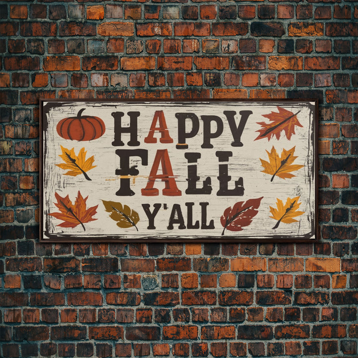 Happy Fall Y'all Typography Art, Modern Farmhouse Wall Decor, Dining Room Wall Sign Kitchen Decor Large Framed Canvas Print, Fall Wall Art