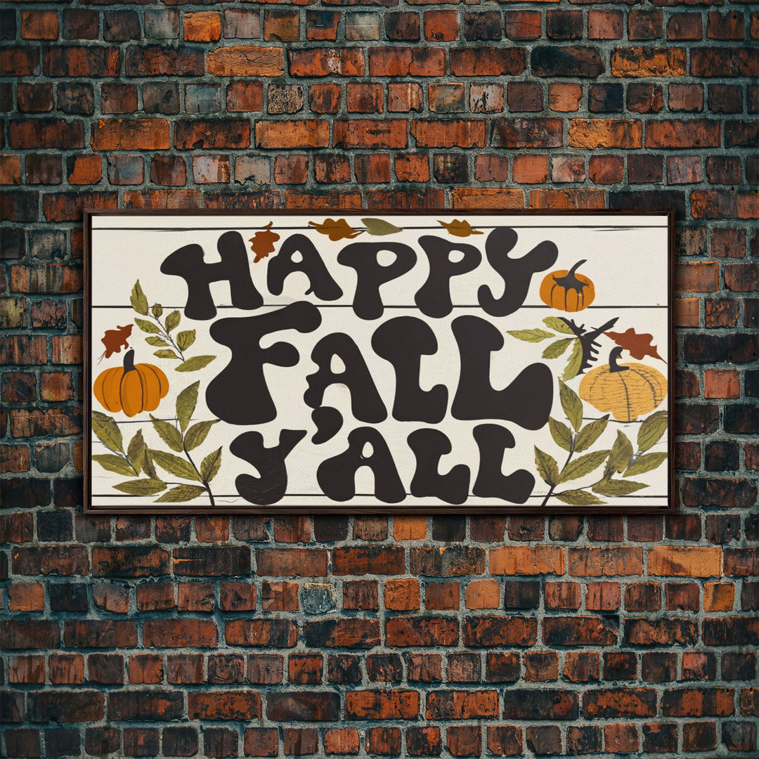 Happy Fall Y'all Typography Art, Modern Farmhouse Wall Decor, Dining Room Wall Sign Kitchen Decor Large Framed Canvas Print, Fall Wall Art