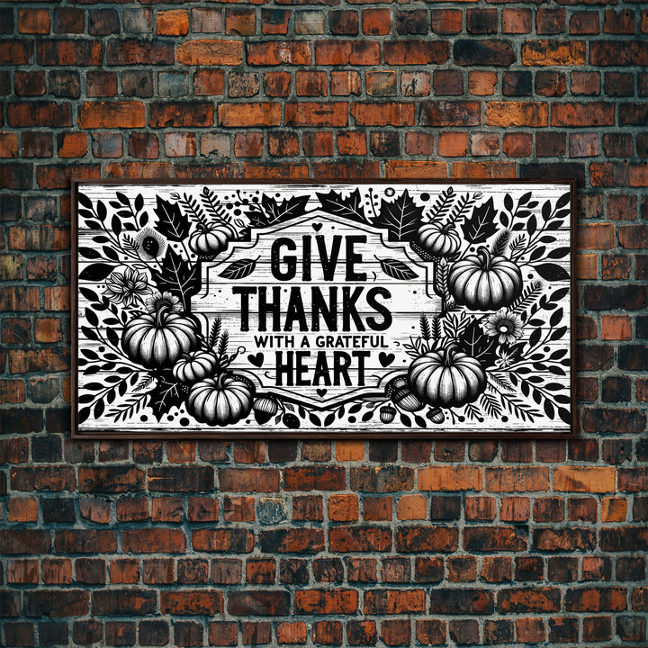 Give Thanks With A Grateful Heart Modern Farmhouse Wall Decor, Dining Room Wall Sign Kitchen Decor Large Framed Canvas Print, Fall Wall Art