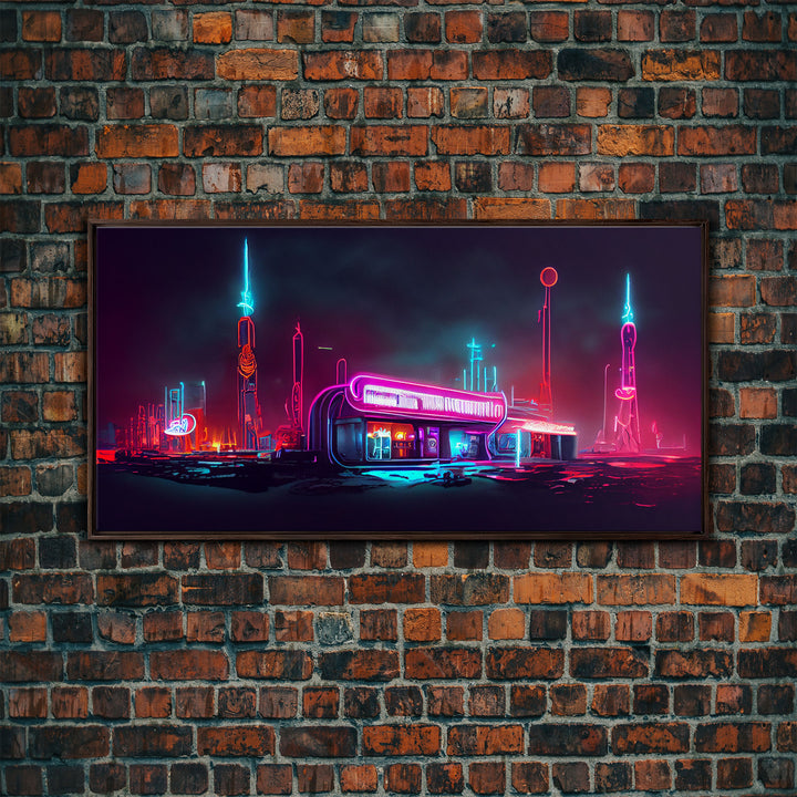 Neon Cyberpunk Diner, Retrofuturism, Framed Ready To Hang Canvas Print, beautiful wall art, guest room decor