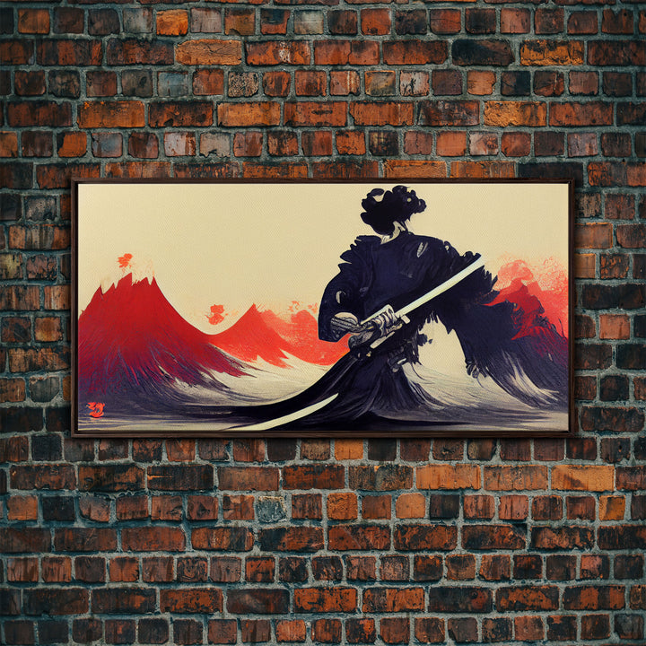 Japanese Samurai Superimposed Over Mountains, ready to hang canvas print wall art, framed canvas wall art, mancave wall art