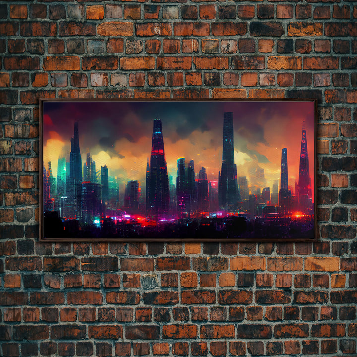 Dystopian Cyberpunk City, ready to hang canvas print wall art, framed canvas wall art, mancave wall art, Cyberpunk Art