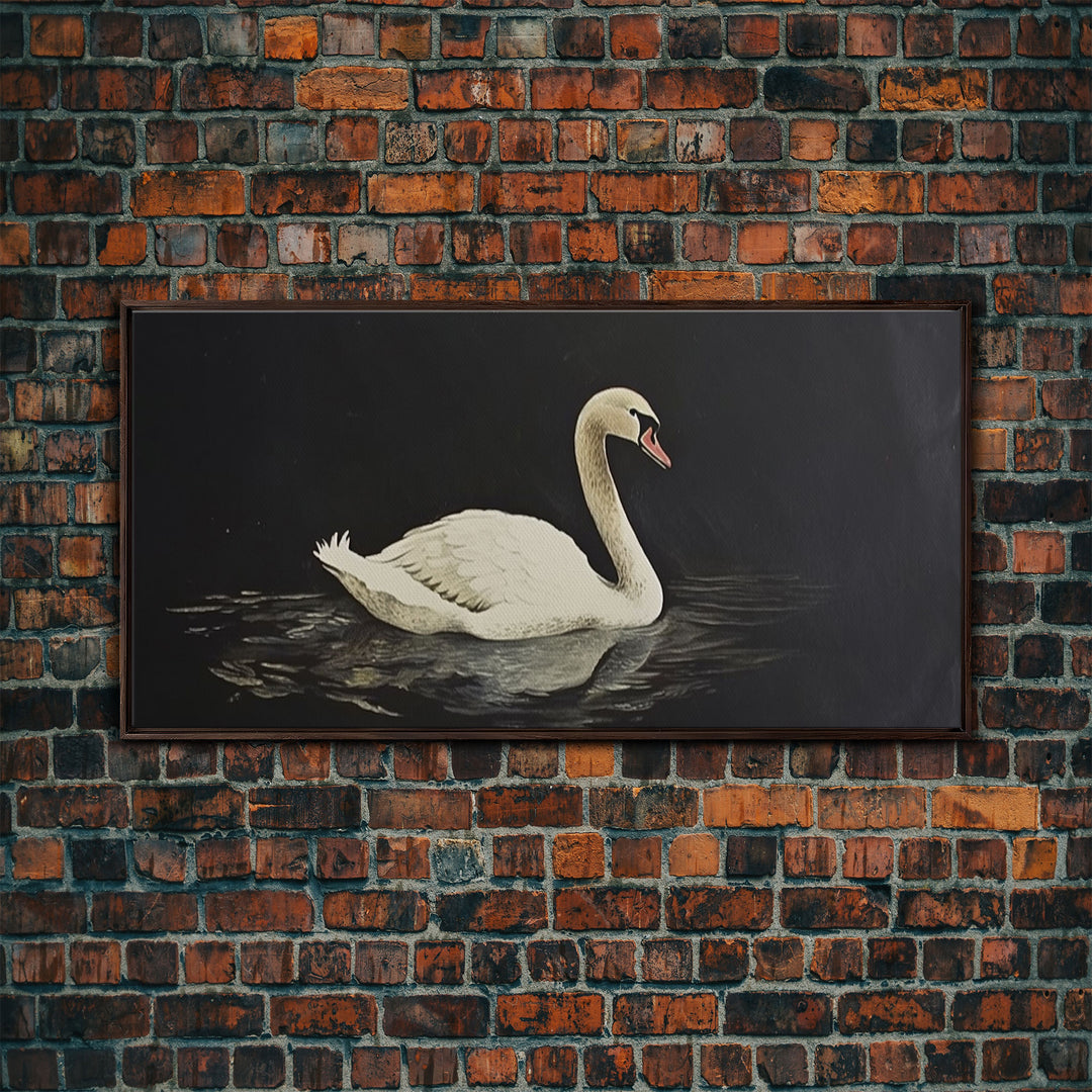 White Swan On A Black Lake, Victorian Style Vintage Art, Framed Canvas Print, Antique Art Reproduction, Traditional Wall Art