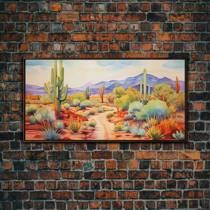 Southwestern Desert Landscape Print, Floral Print, Framed Canvas Art, Vibrant Cactus Desert Art, Mid-Century Modern, Pastel Desert Art