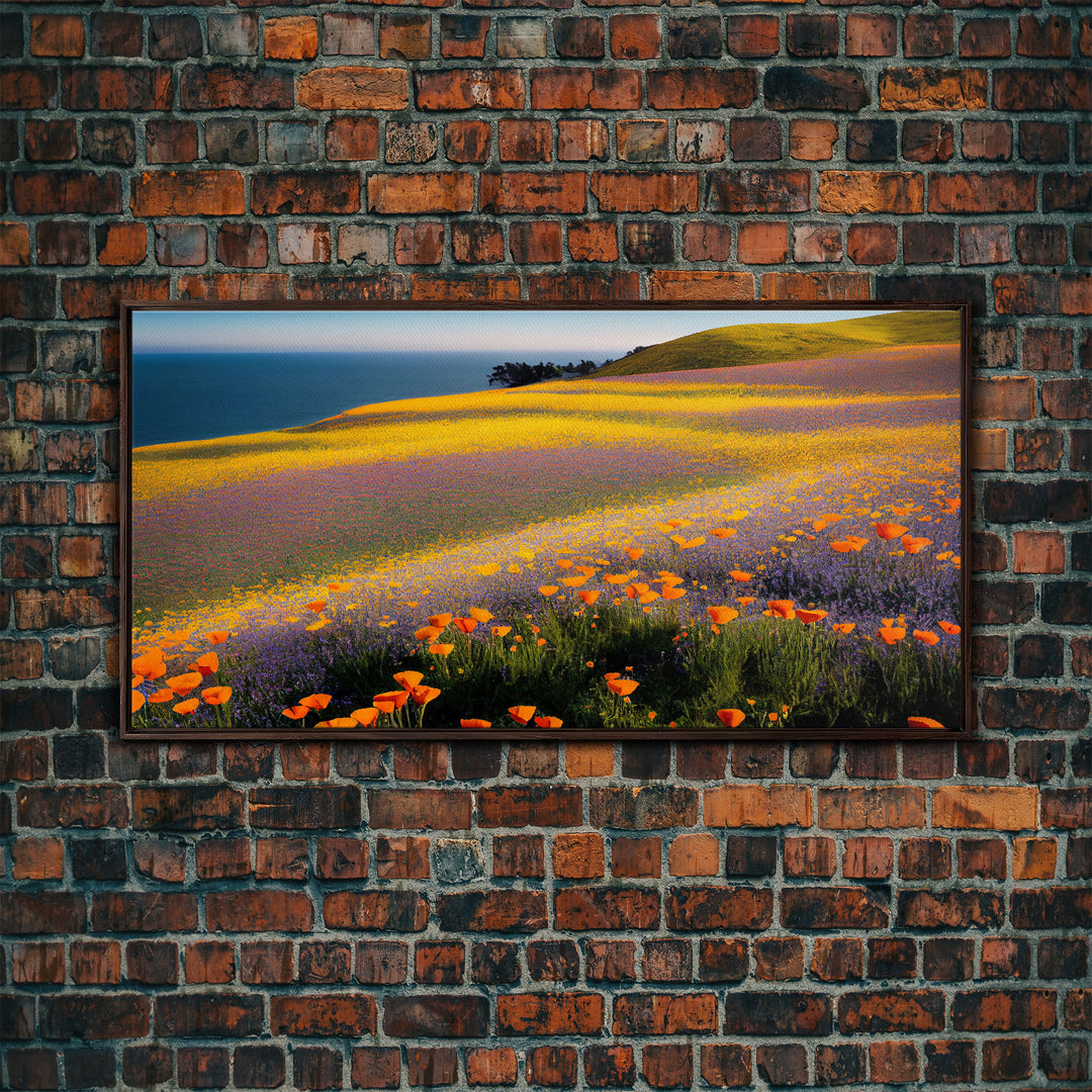 Lush Fields with Orange, Purple and Yellow Flowers, Vintage Italian Countryside, ready to hang canvas print wall art