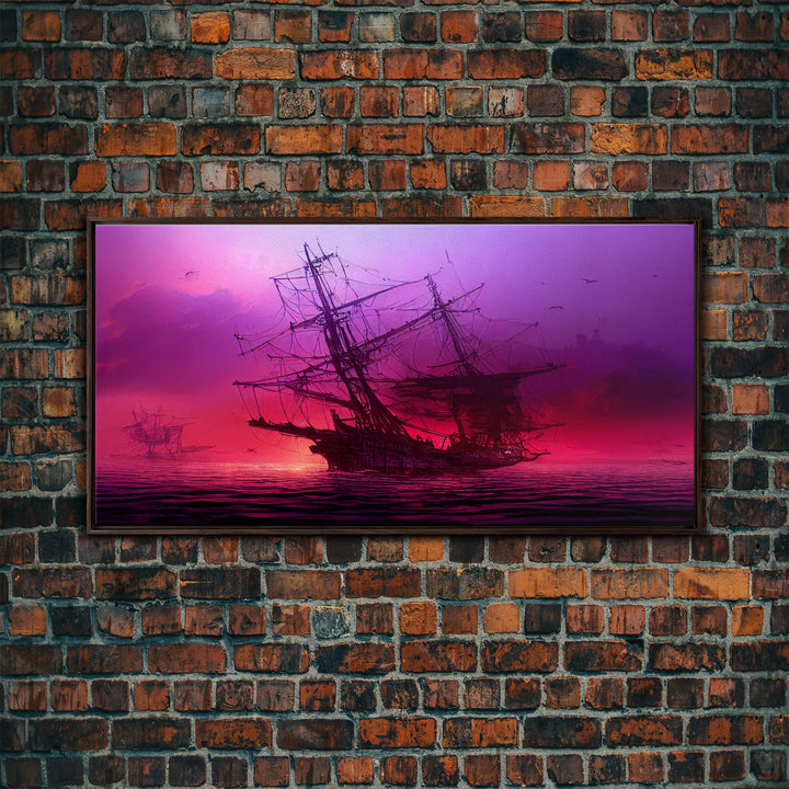 Outrun Style Ghost Ship, Abandoned Pirate Ship, ready to hang canvas print, framed art, cool unique wall decor