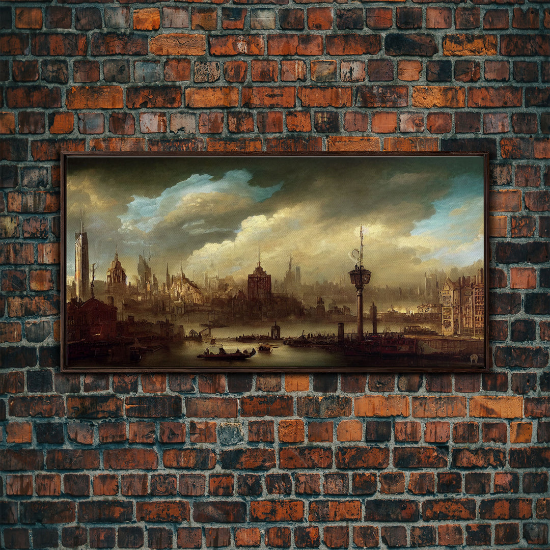 Victorian Steampunk Cityscape, Concept Art, Ready To Hang Canvas Print, Framed Wall Art