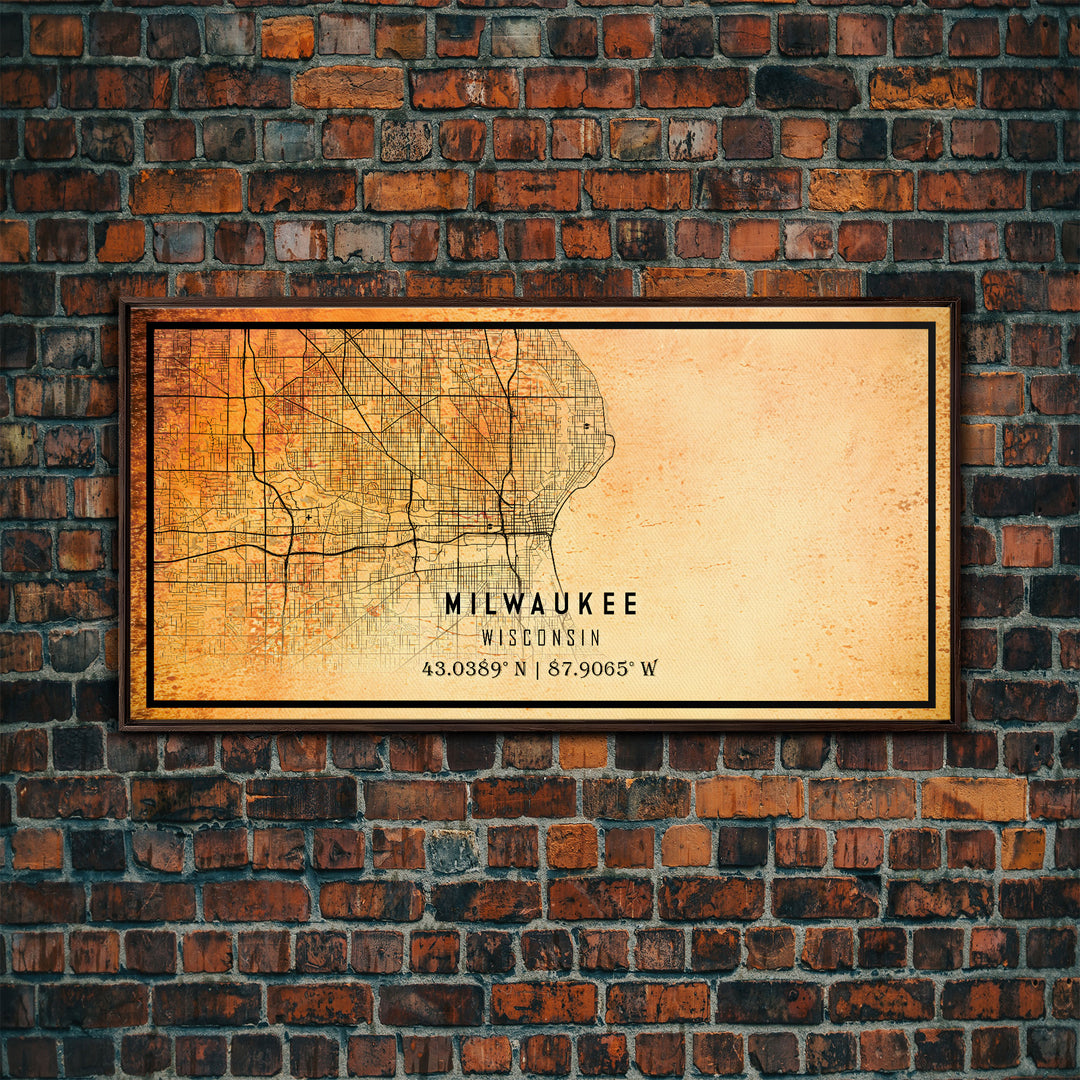 Milwaukee Wisconsin Street Map Wall Art, Framed Canvas Print, Wisconsin Map Print Poster and Canvas, Milwaukee City Office Wall Art