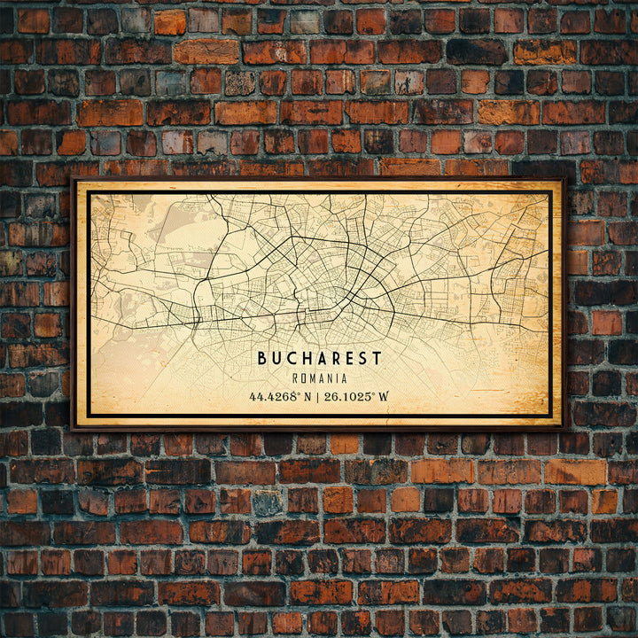 Vintage Style Bucharest City Map Wall Art Canvas Print, Distressed Bucharest Map, Framed Wall Art, Cool RomaniaTravel Wall Art, Office Art