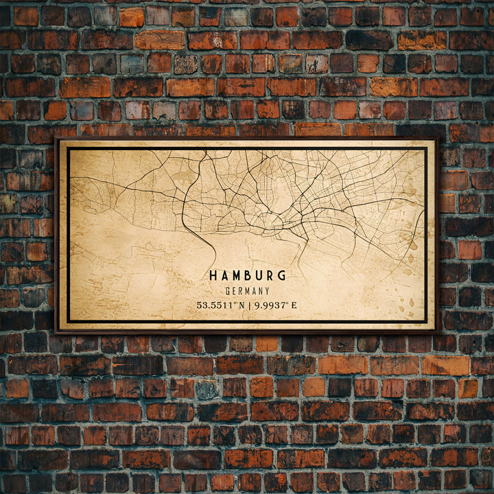 Old Hamburg Germany City Map Wall Art Canvas Print, Vintage Style Hamburg Map, Framed Wall Art, Cool Hamburg Wall Art, Office Art