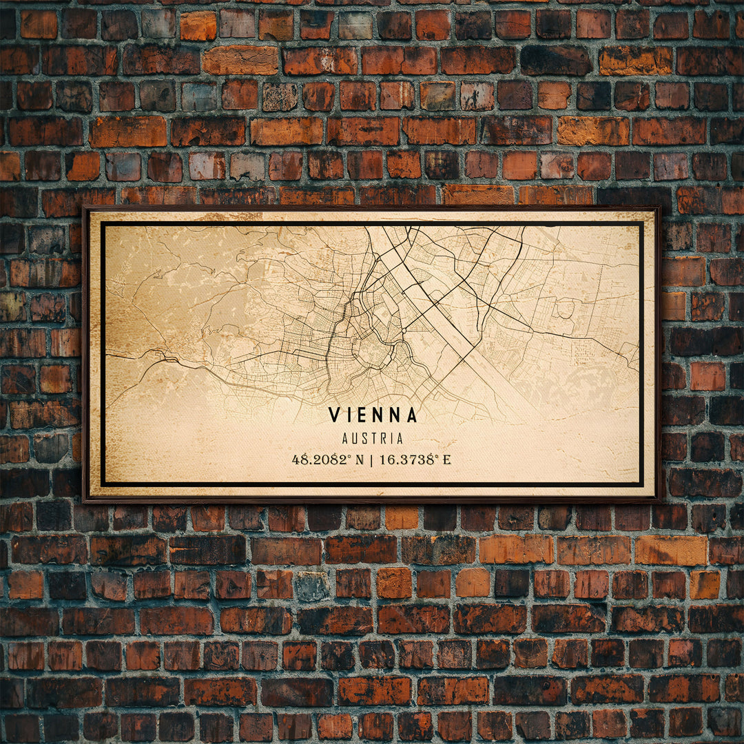 Vintage Vienna City Map Wall Art Canvas Print, Distressed Style Vienna Austria Map, Framed Wall Art, Cool Vienna Travel Wall Art, Office Art