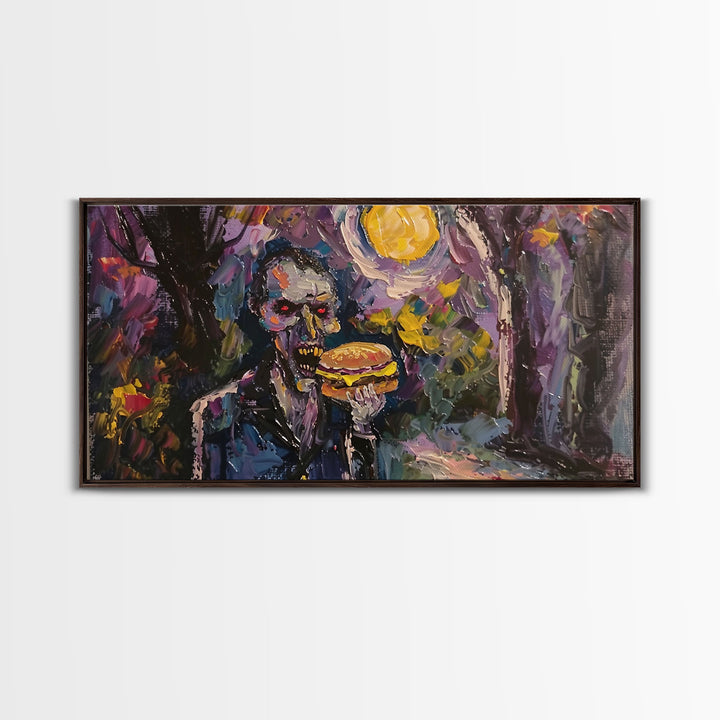 Vampire Having A Cheeseburger, Framed Canvas Print, Funny Halloween Decor