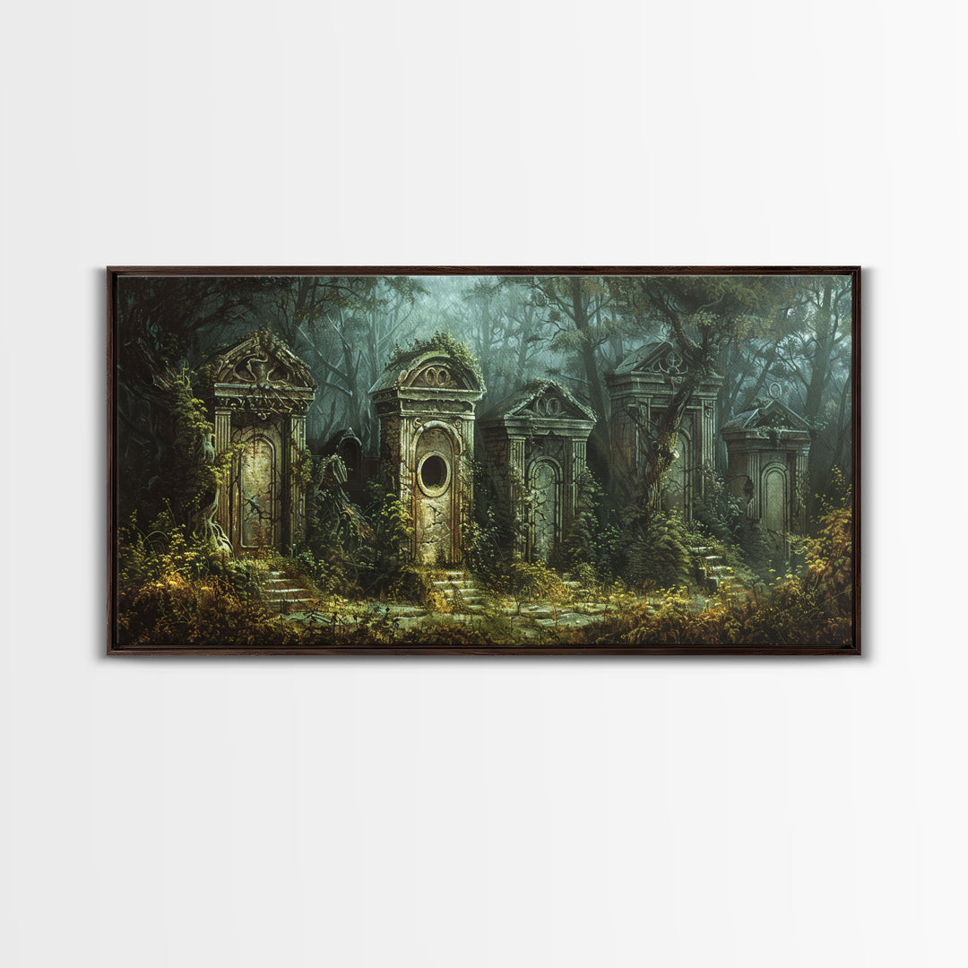 The Haunted Grave Yard, Spooky Season Framed Canvas Print, Halloween Decor, Spooky Vibes, Dark Academia Wall Art