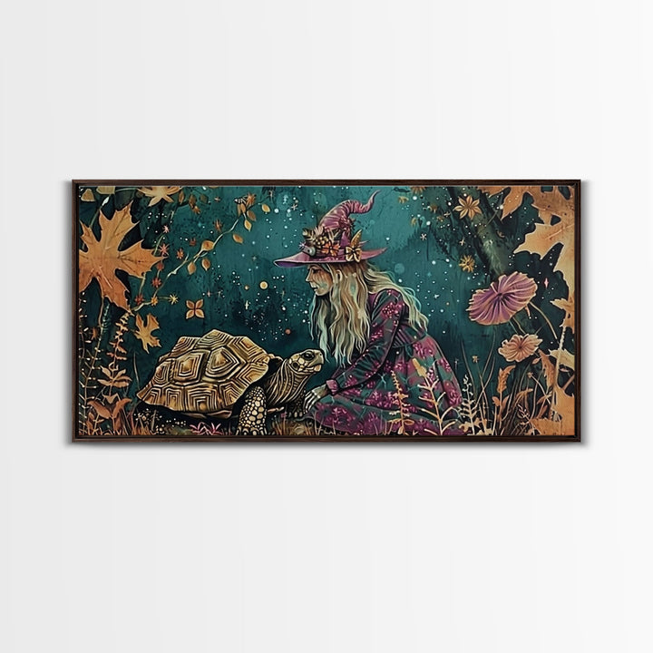 Victorian Witch and her Tortoise Familiar | Framed Canvas Print | Dark Academia Wall Art | Victorian Style Halloween Art