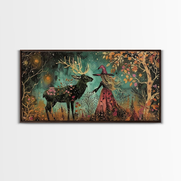 Victorian Witch and her Deer Familiar | Framed Canvas Print | Dark Academia Wall Art | Victorian Style Halloween Art