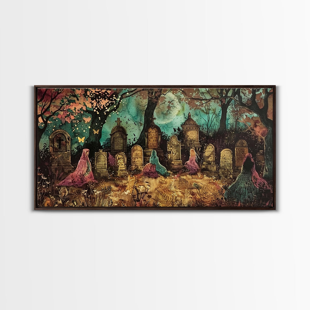 Spooktober Wall Art, Framed Canvas Print, Cottagecore Dark Academia Grave Yard Wall Art, Halloween Decor